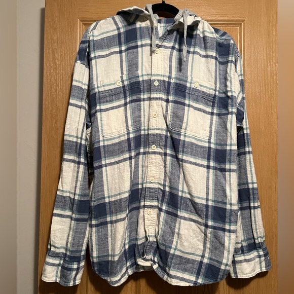 American Eagle Button-up Hooded Flannel Shirt Men's Size Large Blue Plaid - Picture 2 of 8